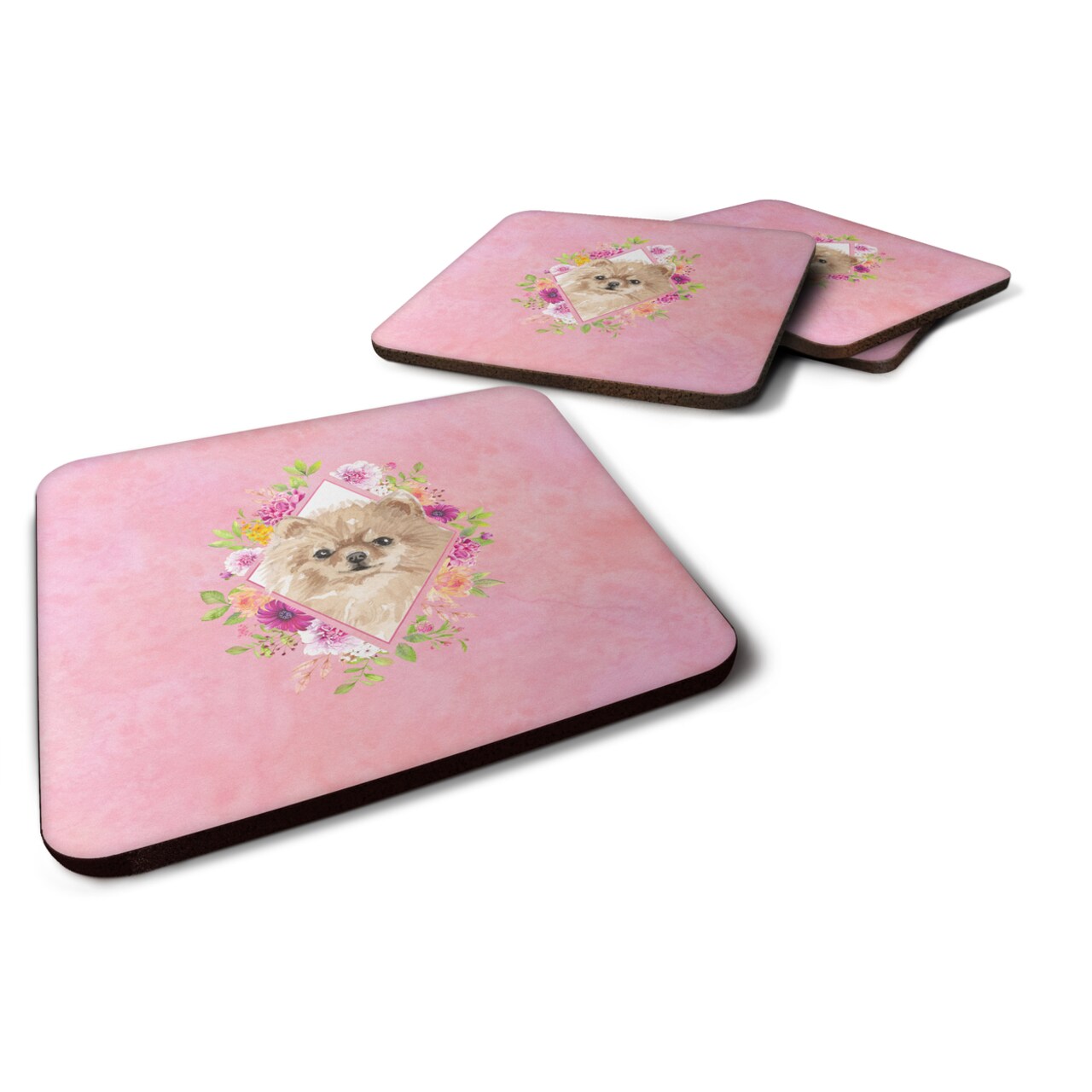 Caroline's Treasures Pomeranian Pink Flowers Foam Coaster Set of 4